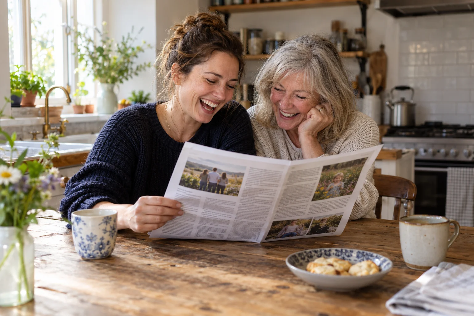 Illustration of relatives enjoying a home-printed newspaper