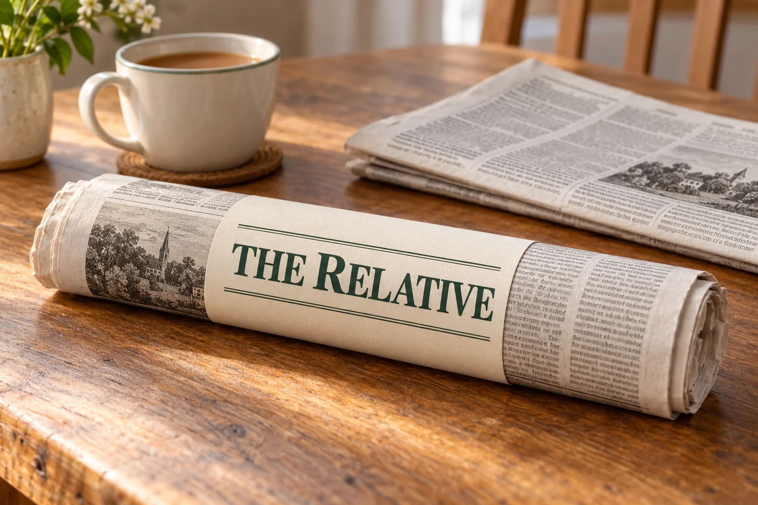 A concept for The Relative: a rolled family newspaper with a paper band, ready for the breakfast table.