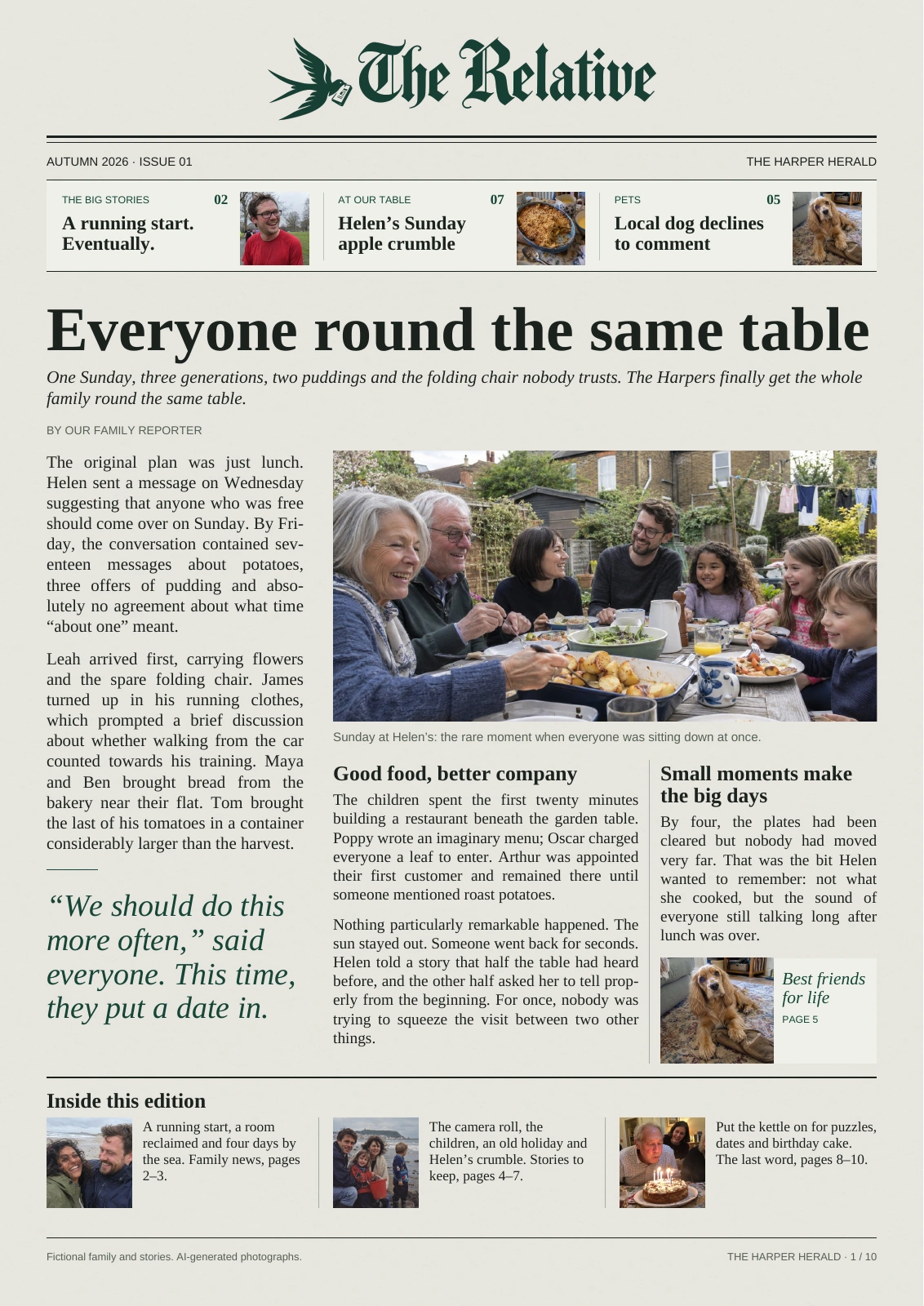 Front page of The Harper Herald, our fictional family newspaper sample