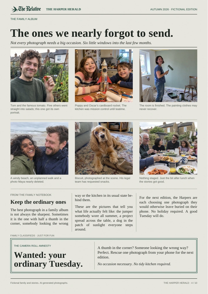 Page 4 of the fictional Harper Herald: six family photographs with captions