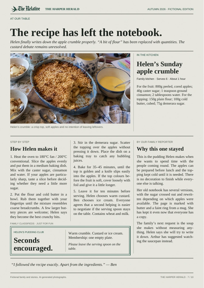 Page 7 of the fictional Harper Herald: apple crumble recipe, photograph and family story