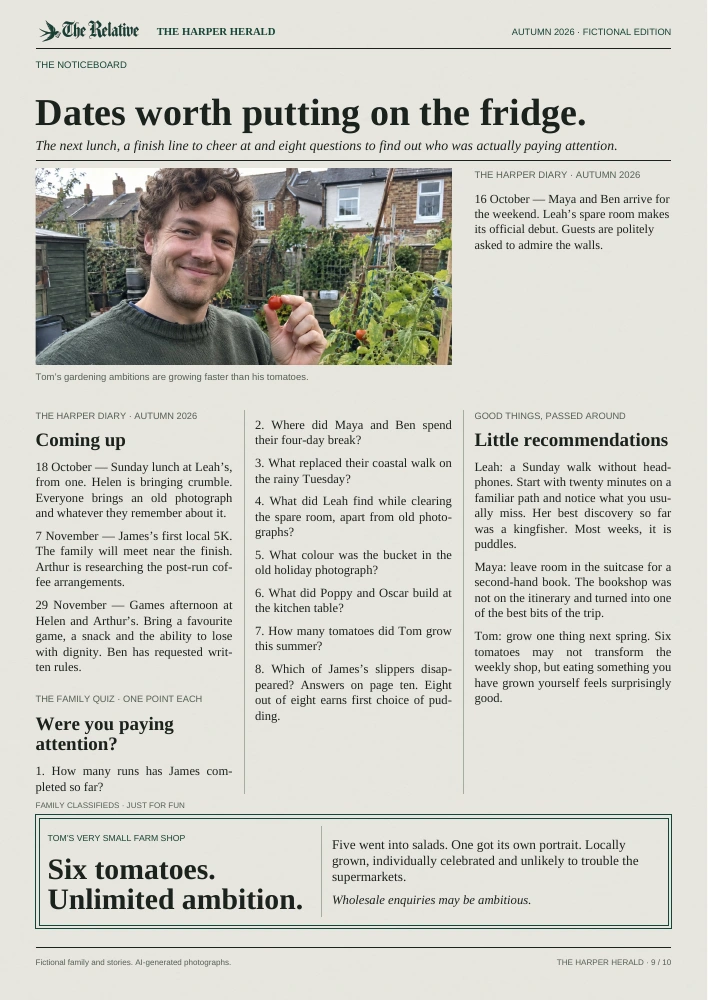 Page 9 of the fictional Harper Herald: family notices, recommendations and quiz