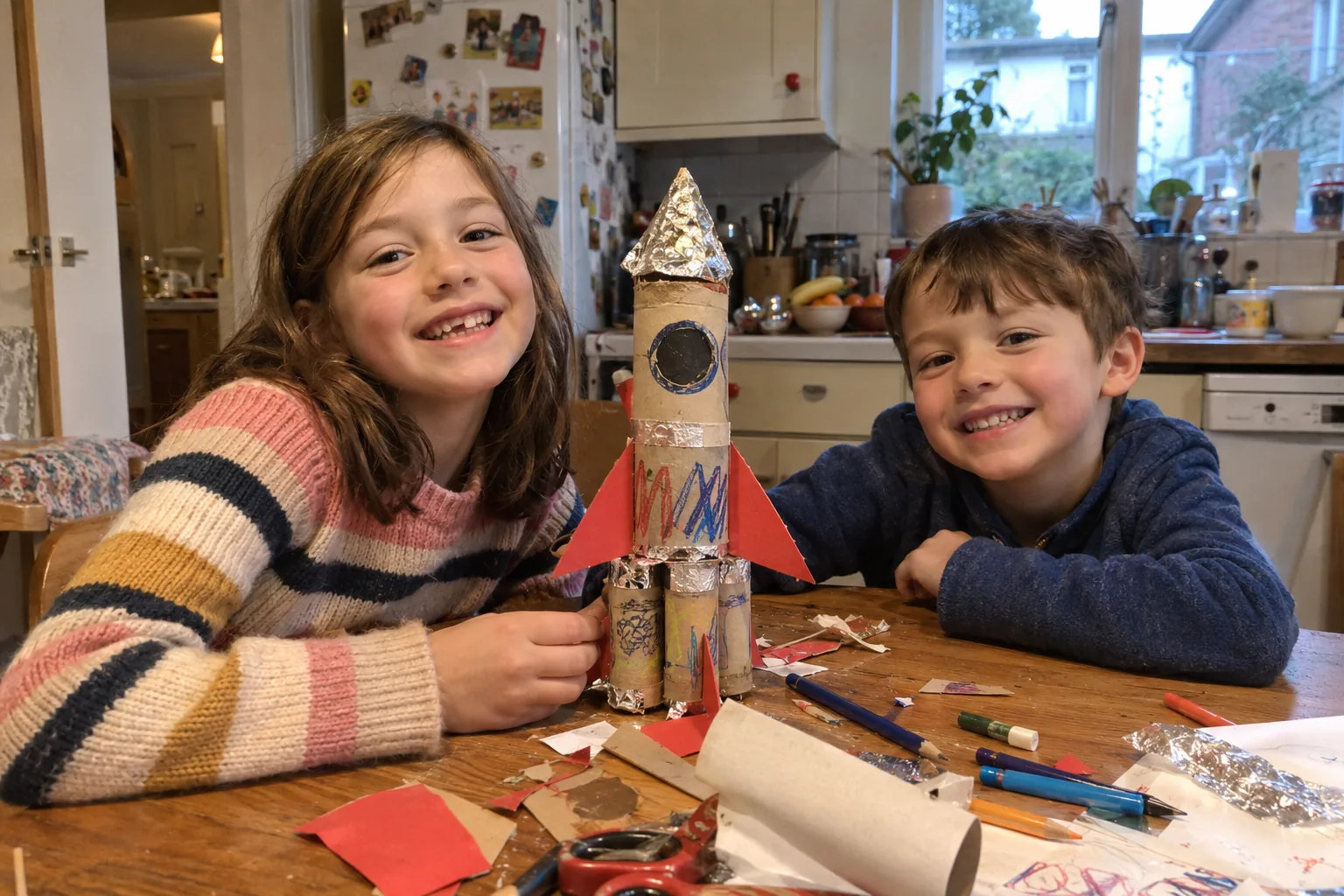 Two children showing a handmade cardboard rocket at a kitchen table.