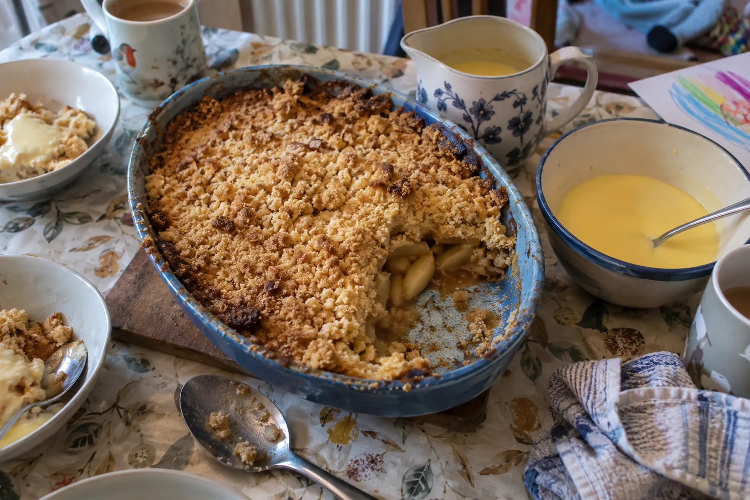 Homemade apple crumble in a blue ceramic dish beside custard.