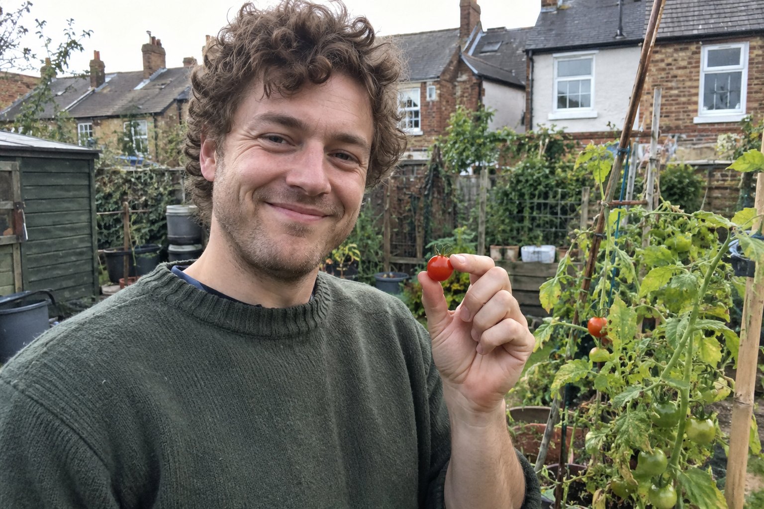 A curly-haired man proudly holding a tomato in a garden.