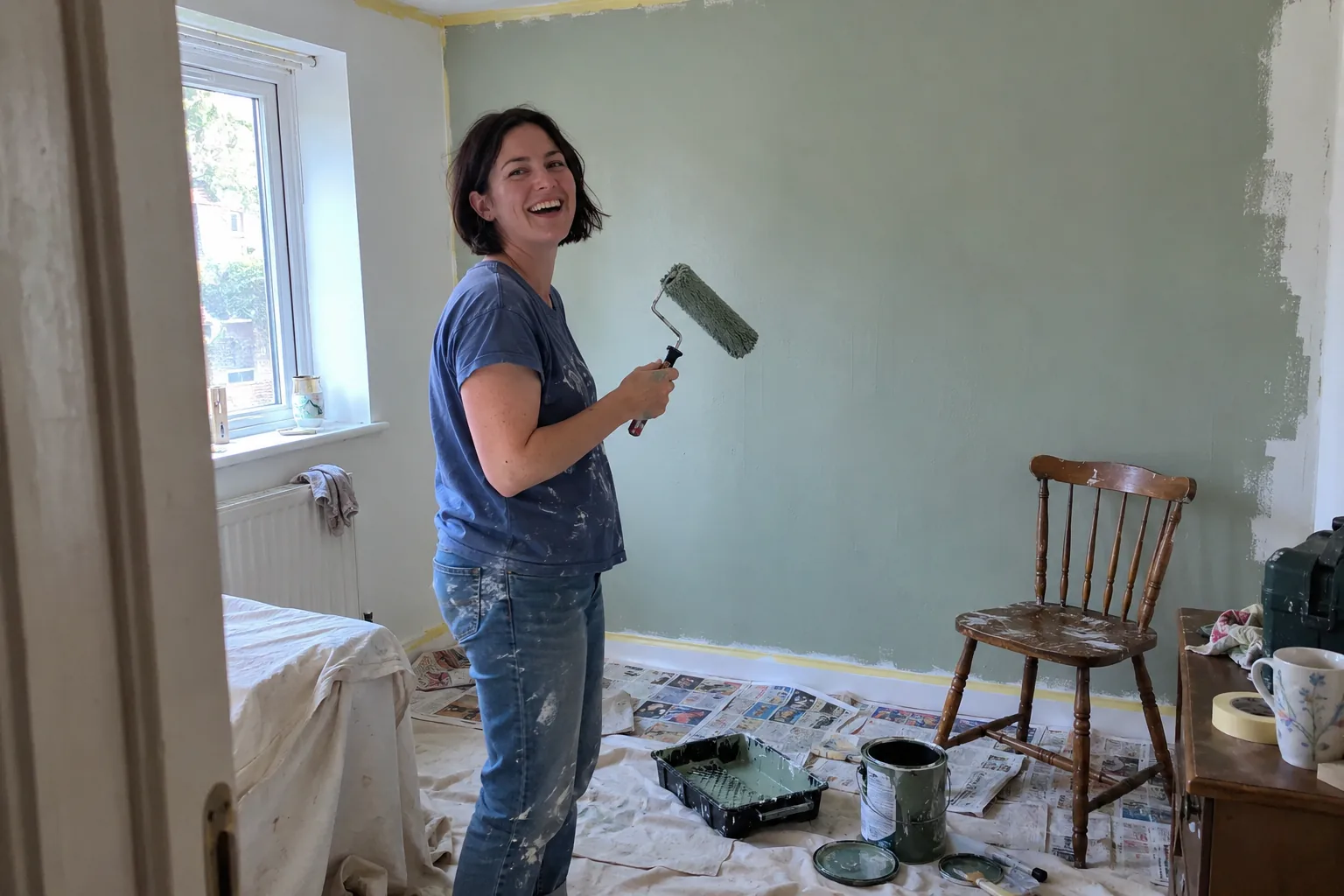A woman with a dark bob holding a paint roller in a spare room.