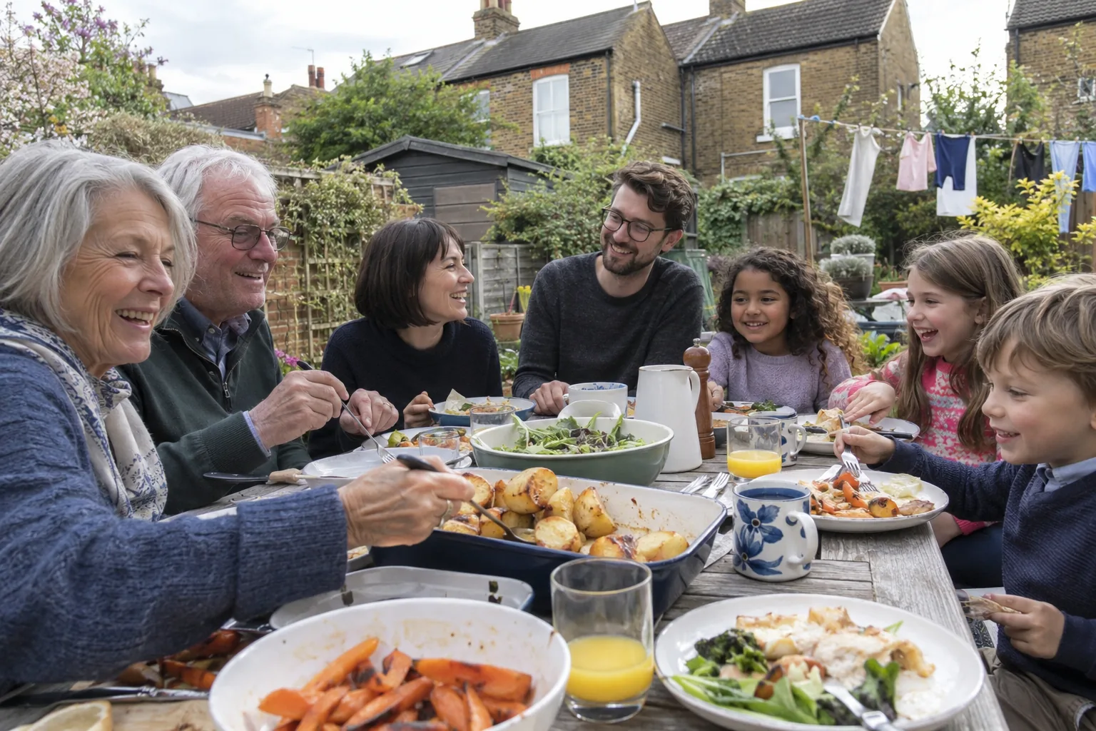 Three generations enjoying a relaxed lunch around a garden table.